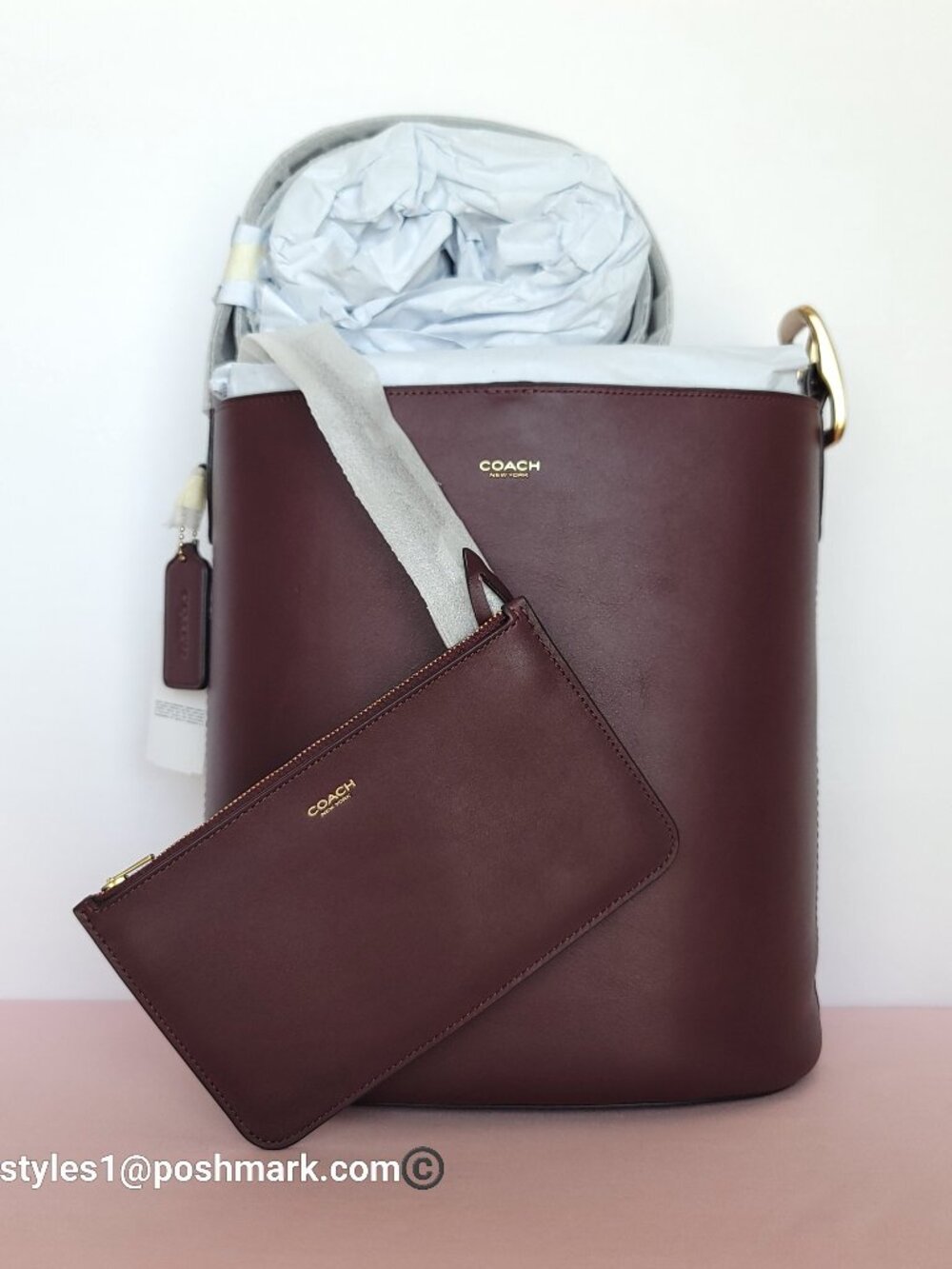 COACH Bleecker Large Bucket Bag with Pouch Natural Grain Leather-Merlot color⭐